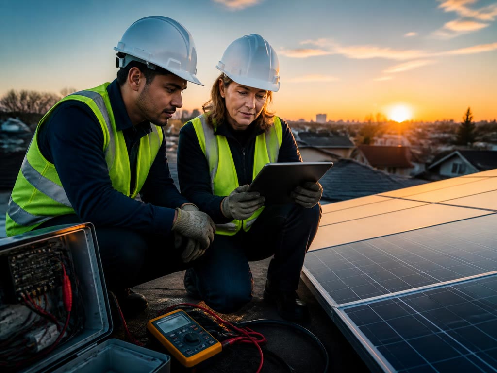 Solar technician working on a rooftop PV array during EcoPowerHub Academy training