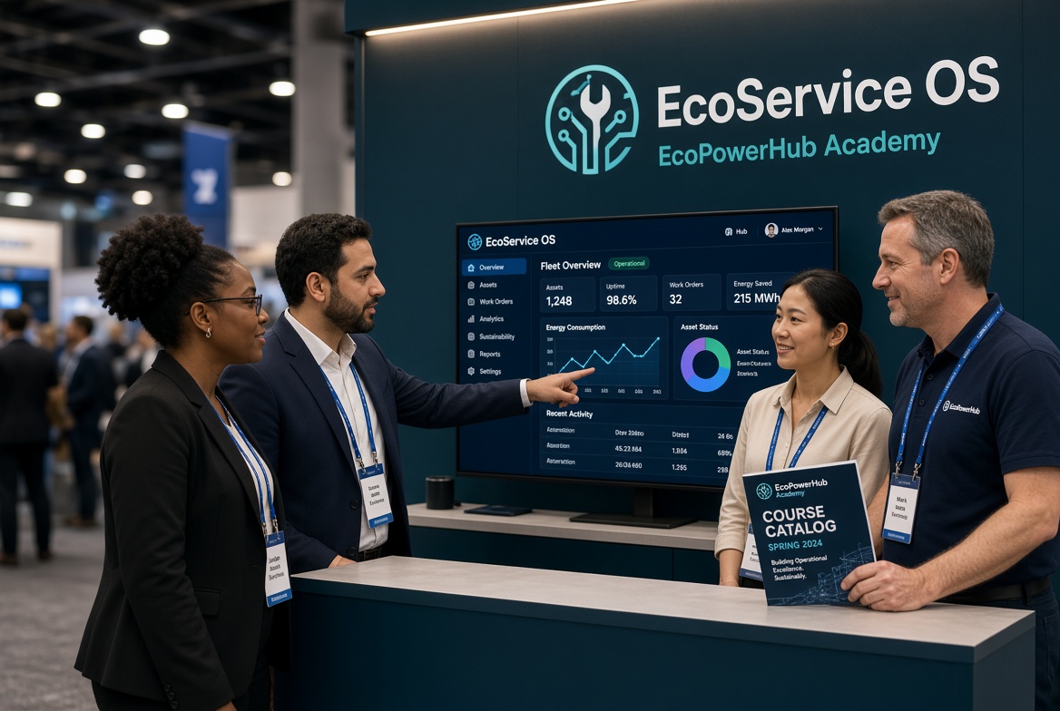Visitors at an EcoService OS and EcoPowerHub Academy stand reviewing a fleet dashboard and a course catalog.
