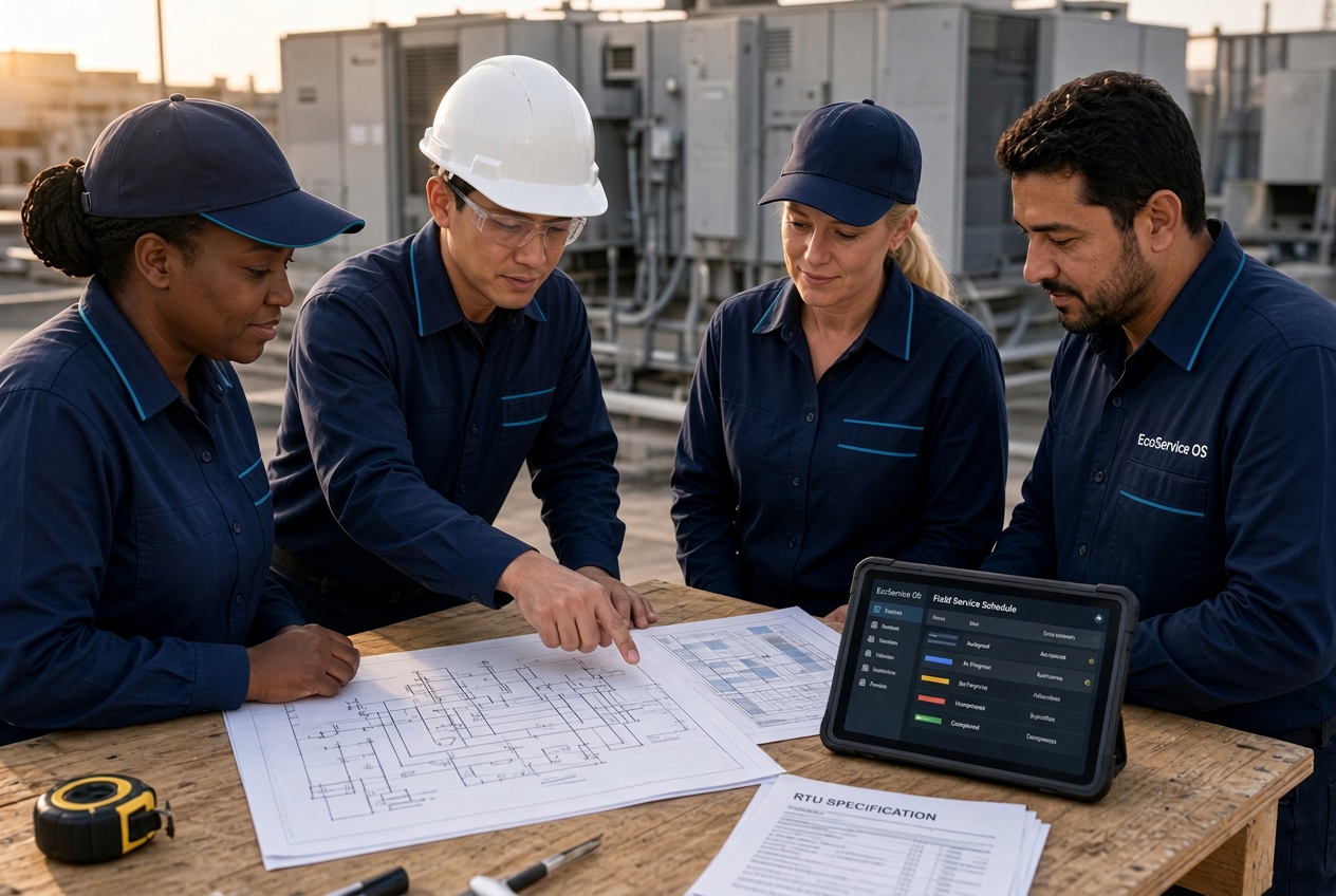A rooftop service crew reviews mechanical drawings and an equipment specification beside a tablet showing the day's field service schedule.