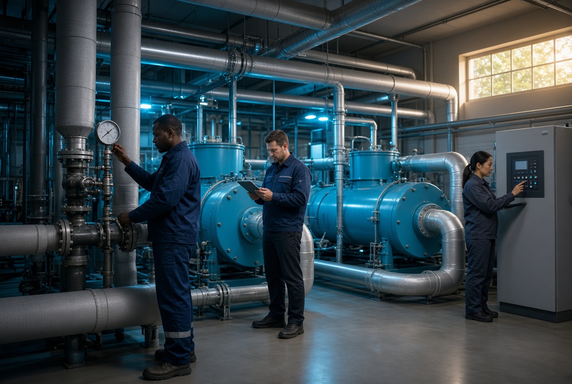 Plant crew monitoring large chiller piping and process machinery.
