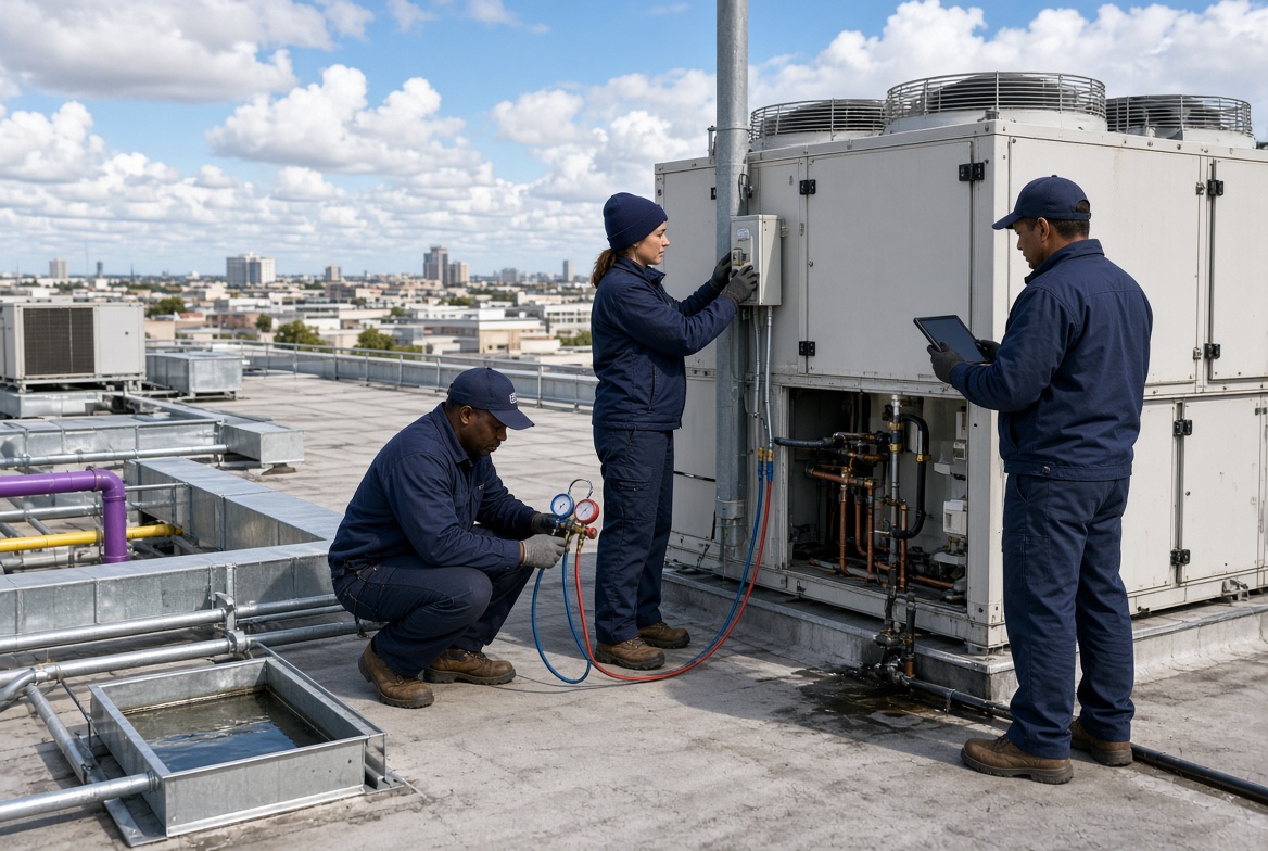 Three technicians working on a commercial rooftop unit.