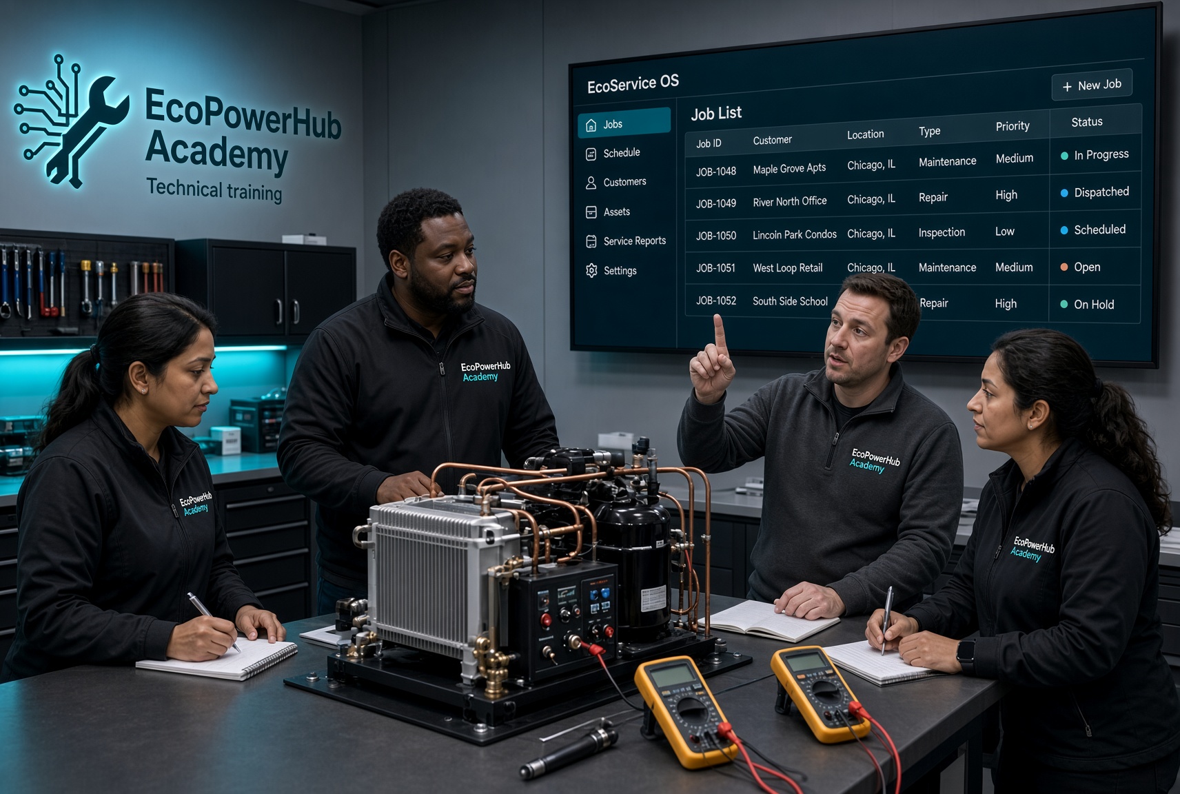 Technicians in an EcoPowerHub Academy lab study an HVAC trainer while EcoService OS is shown on the wall display.
