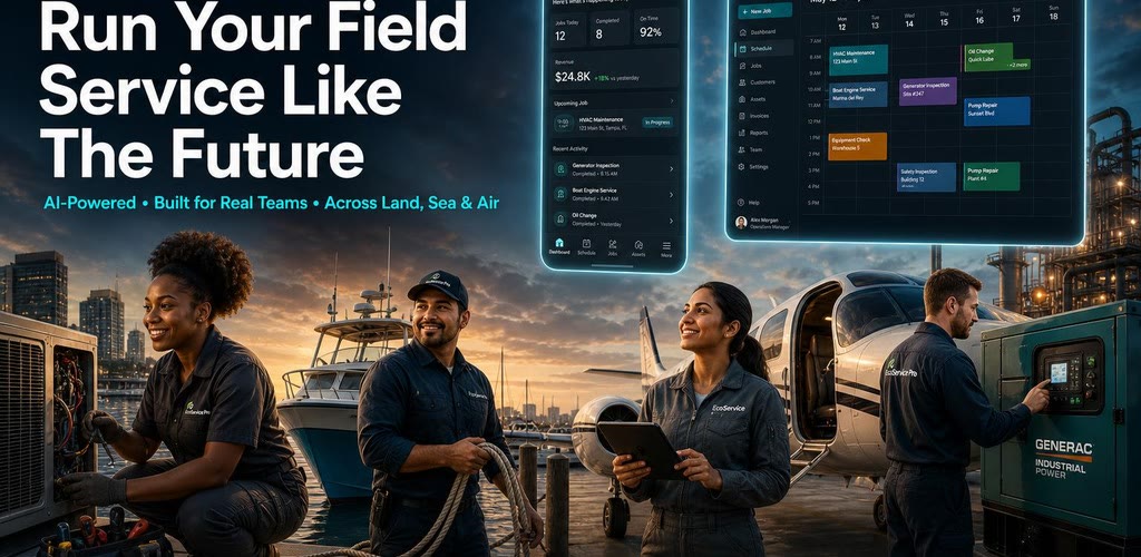 Diverse EcoService OS field crews across HVAC, solar, generator and industrial sites