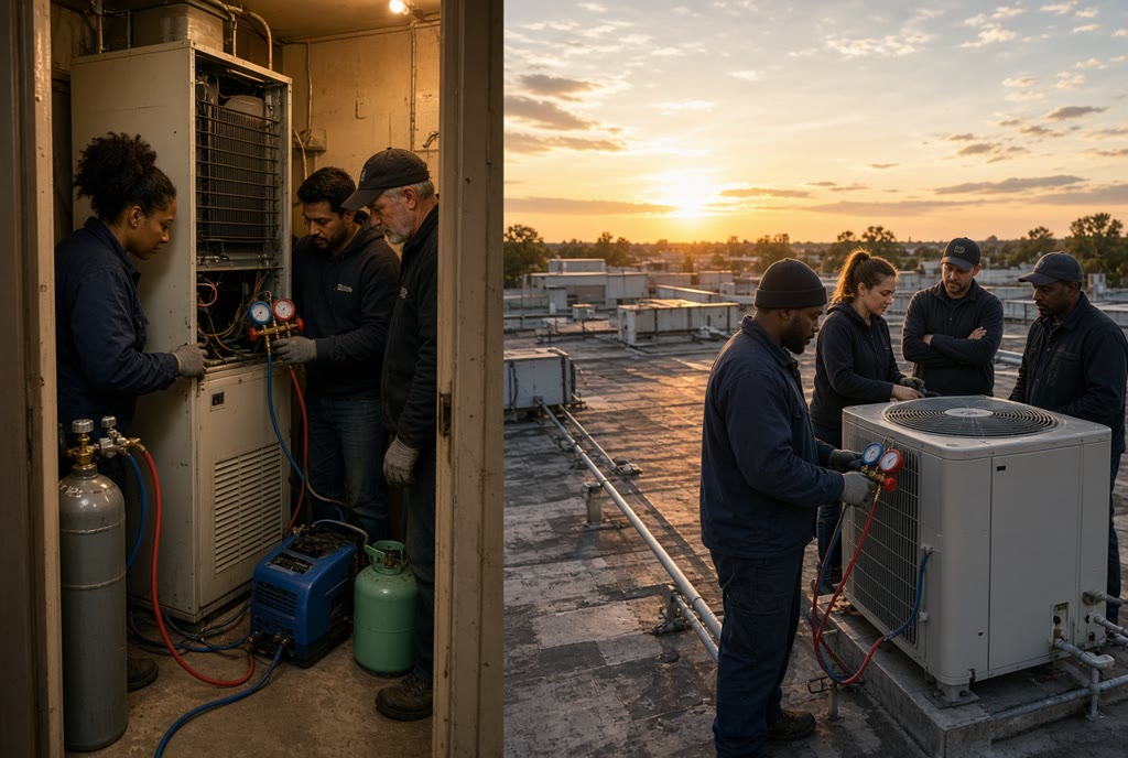 HVAC technician servicing residential and rooftop equipment
